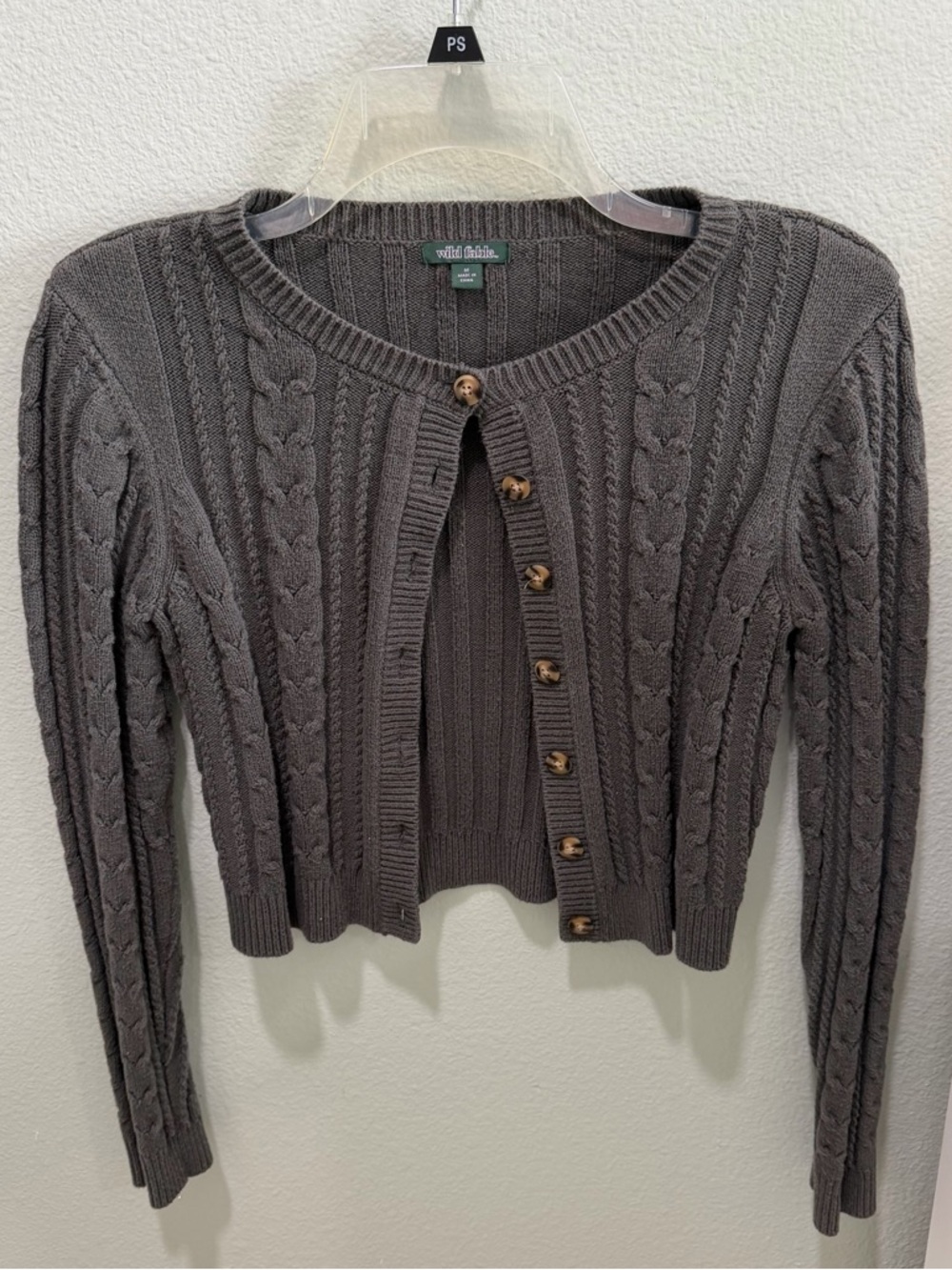 wild fable greenish/Gray Cable-Knit Cropped Cardigan with Tortoiseshell Buttons